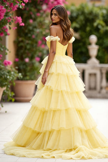 Yellow Tulle Ruffled Ball Gown Tiered Long Formal Dress with Slit